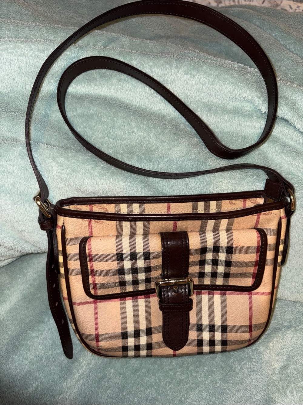 Burberry Beige Plaid Crossbody with Dark Brown Leather Trim